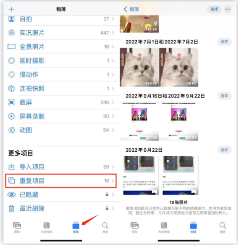 长子苹果手机维修分享iOS 16 中相册重复项目功能使用方法 