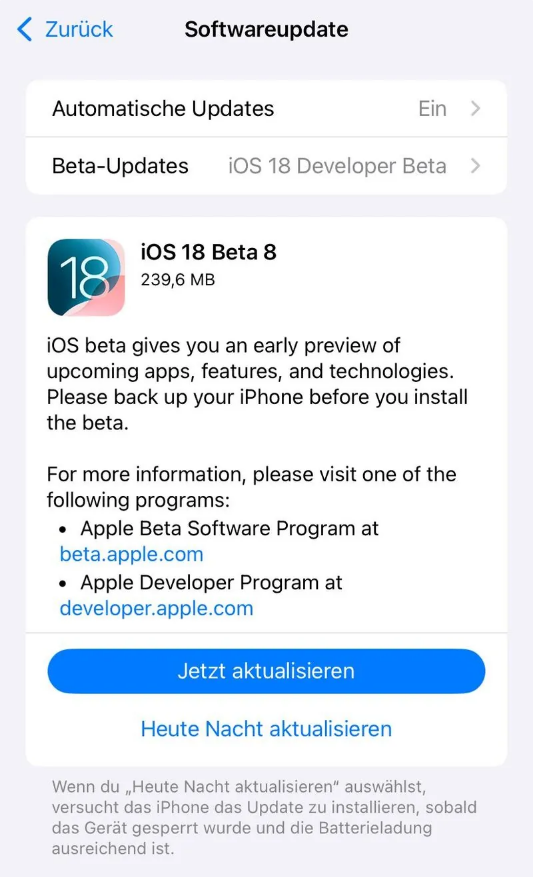 长子苹果手机维修分享苹果 iOS / iPadOS 18 开发者预览版 Beta 8 发布 